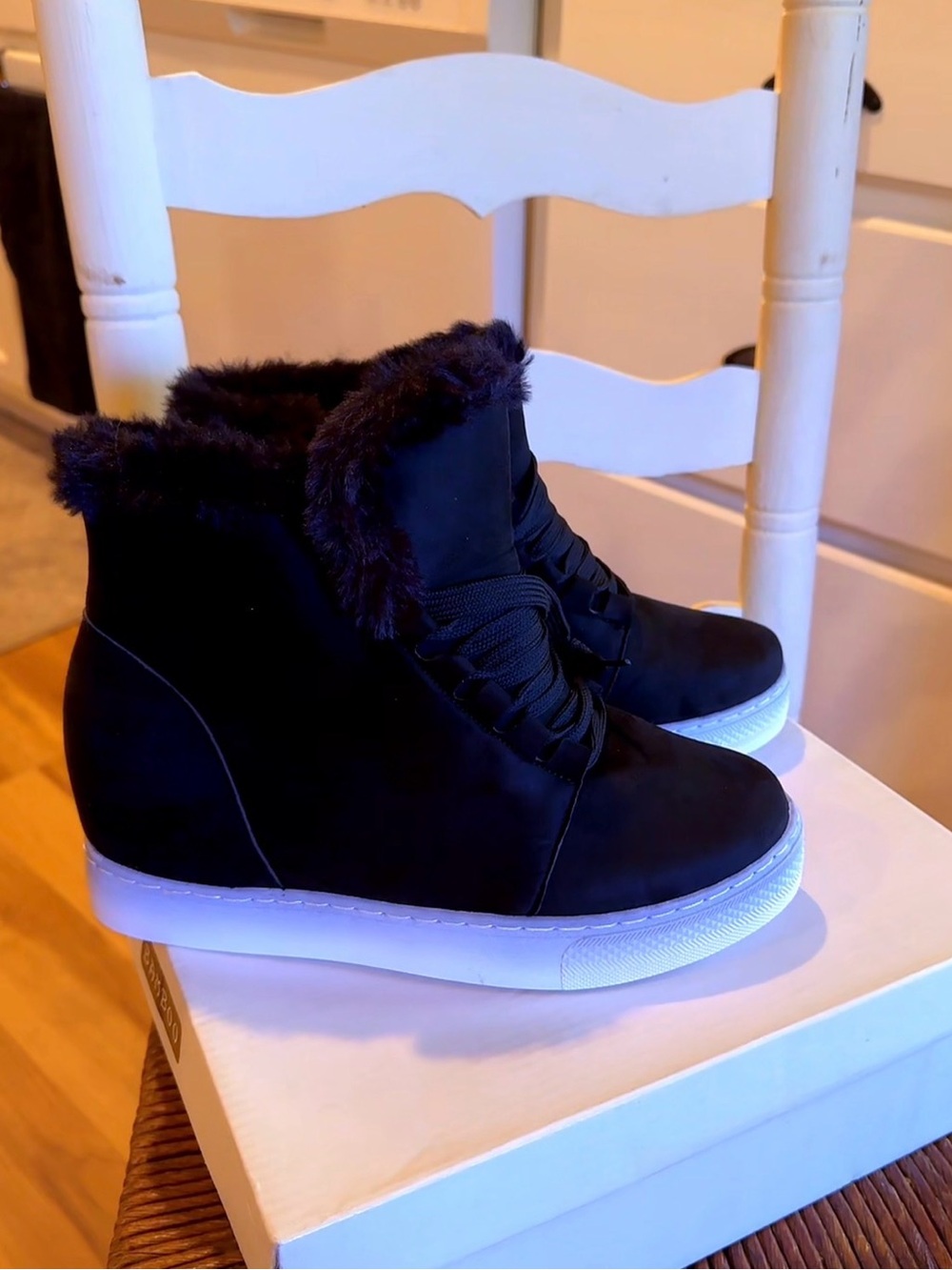 Bamboo Black Faux Fur High Top Wedge Sneakers Sz 10 NIB Hidden Heel Booties